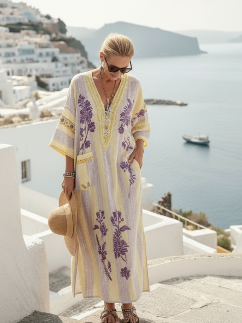 Aurelia | vestido maxi de rayas florales con escote en V y mangas tres cuartos