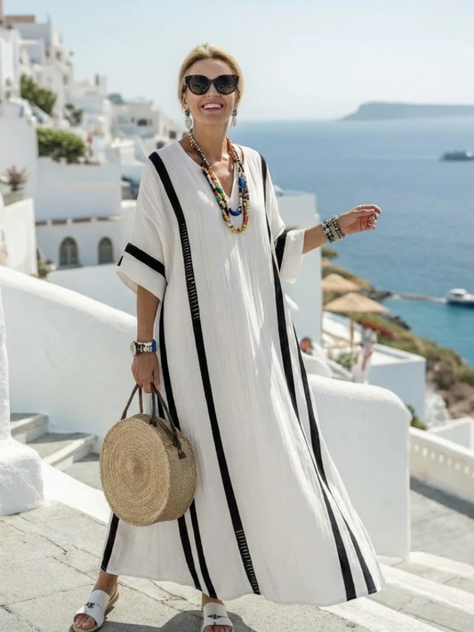 Elvienne | Vestido Maxi de Manga Corta con Rayas en Bloques de Color