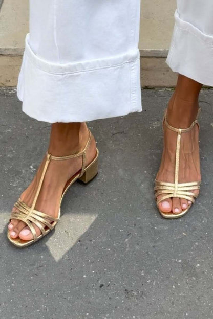 Eliseta™ | Sandalias Doradas con Tacón Bajo