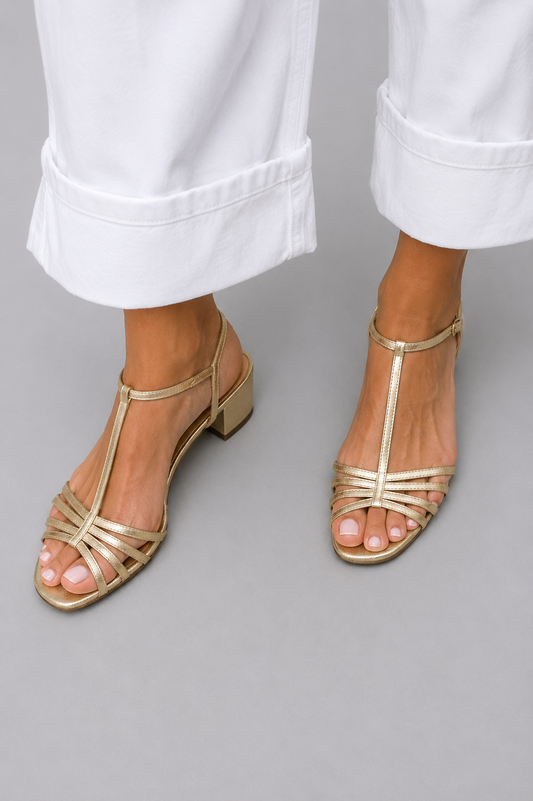 Eliseta™ | Sandalias Doradas con Tacón Bajo