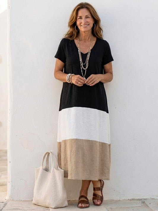 Thalia | Vestido midi de manga corta con color blocking y escote en V