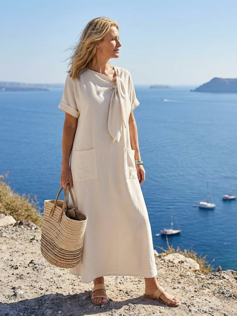Elowyn | Vestido Maxi con Cuello Redondo y Manga Corta con Bolsillo