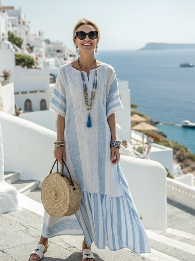 Ione | Vestido Maxi de Rayas con Cuello Redondo y Mangas Cortas